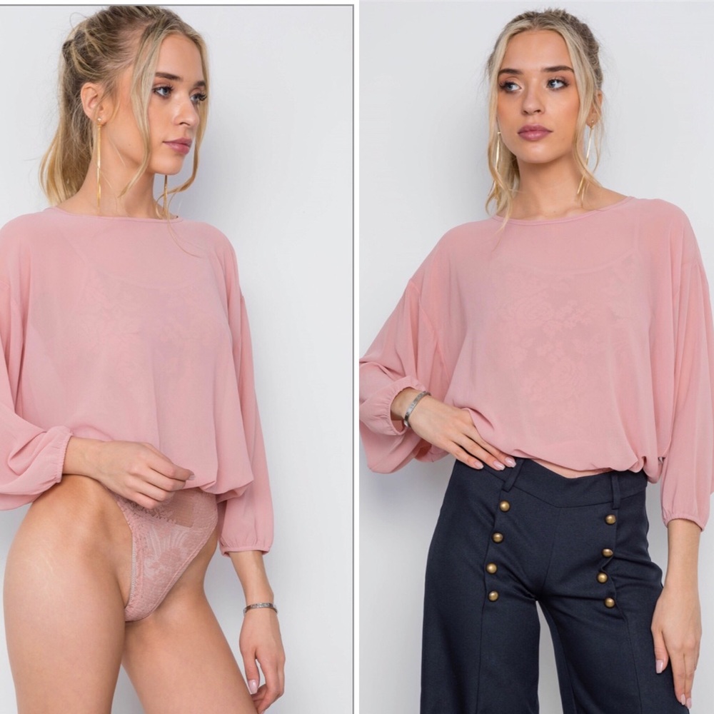 BLUSH LACE CHIFFON BATWING BODYSUIT💐💞
